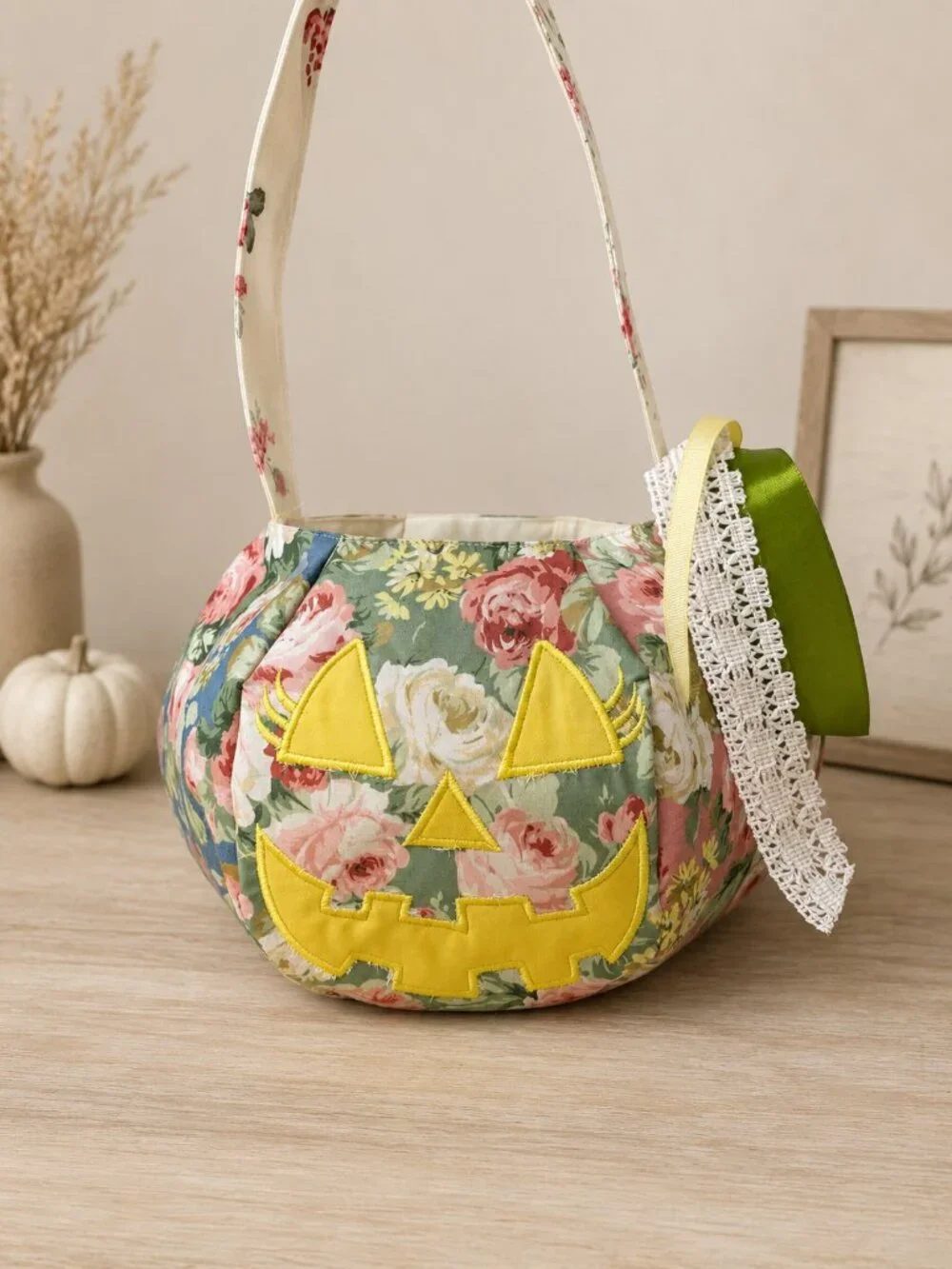 Floral Pumpkin Halloween Trick or Treat Can Bag
